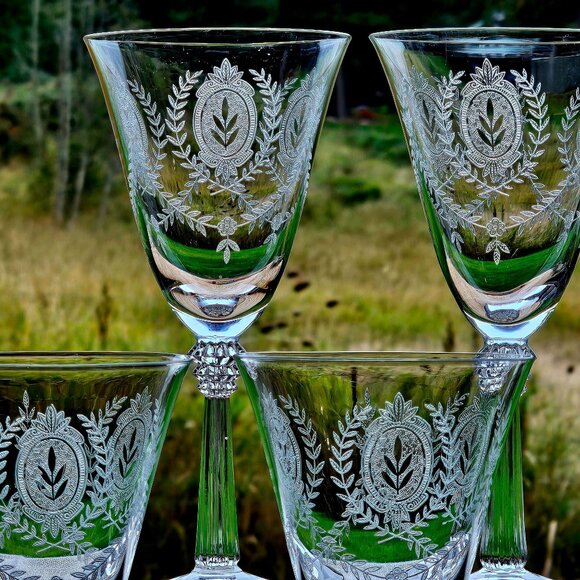 4 Fostoria Lenox Water Glasses 8" etched Laurel Elegant Glass crystal medallion - Picture 6 of 10